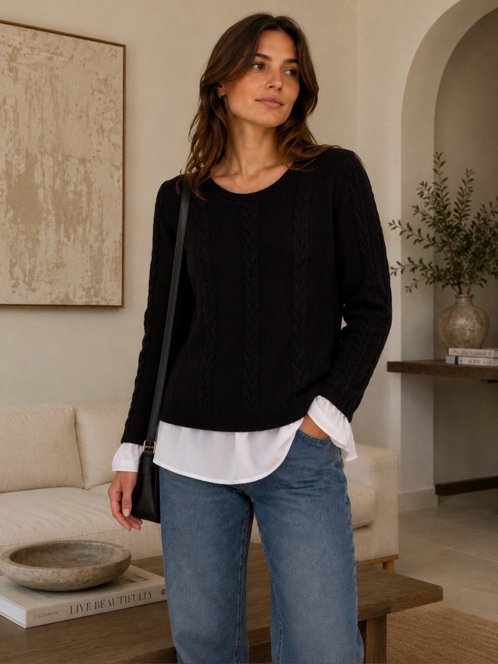 White House Black Market sweater, blouse combination woman M cable minimalist
